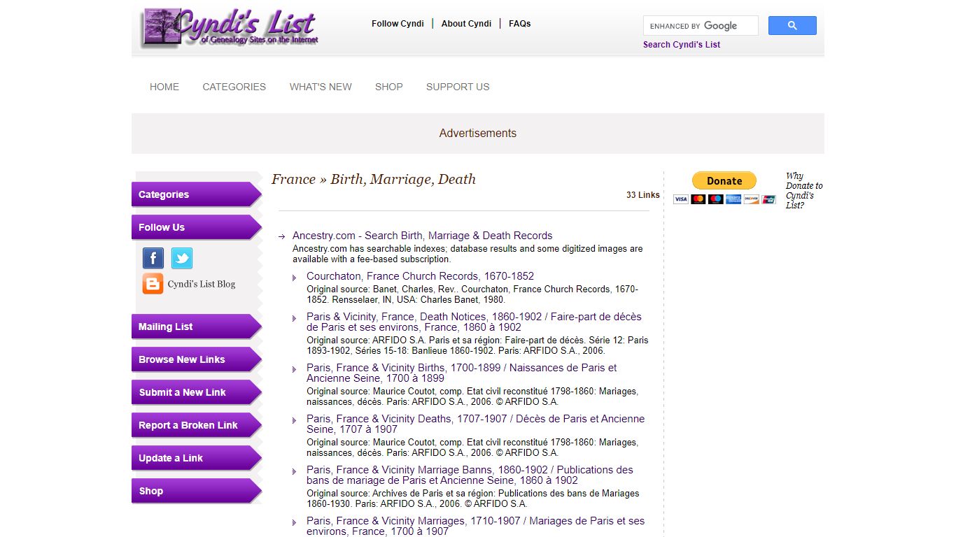Cyndi's List - France - Birth, Marriage, Death